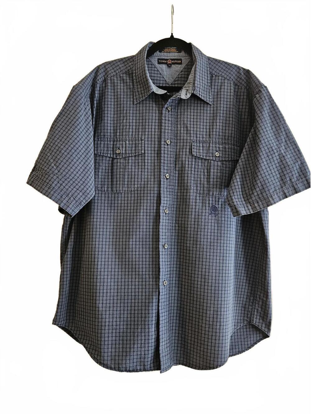Tommy Hilfiger XL Blue & Grey Plaid Short Sleeve Button-Down Shirt-Size XL
